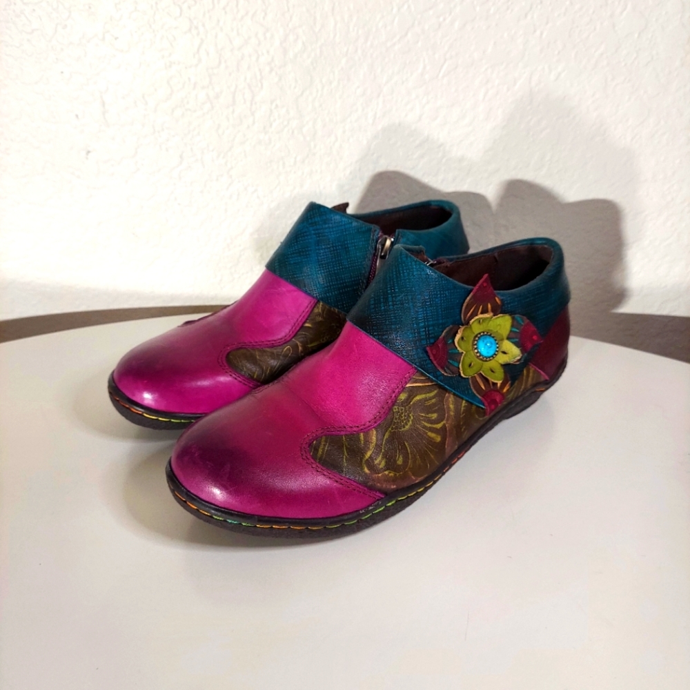 Socofy Teal & Magenta Leather W/ Floral Detail Shoes